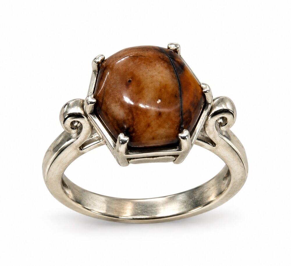 Scrollwork Design Vintage 925 Sterling Silver Brown Agate Ring Size 9